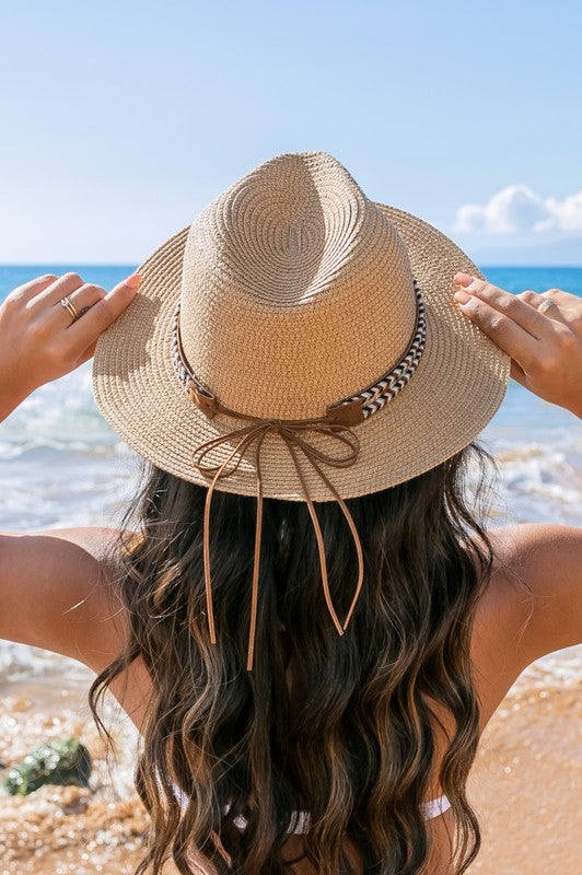 Boho Accent Straw Fedora Hat