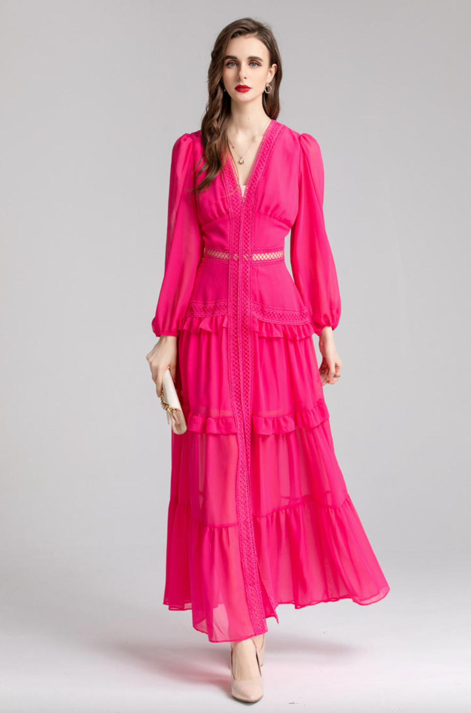 Lace Long Sleeve Ruffle Dress