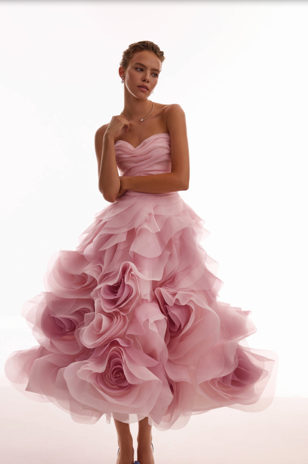Woman wearing the Old Money Collection Couture Poppies Lane Organza Dress