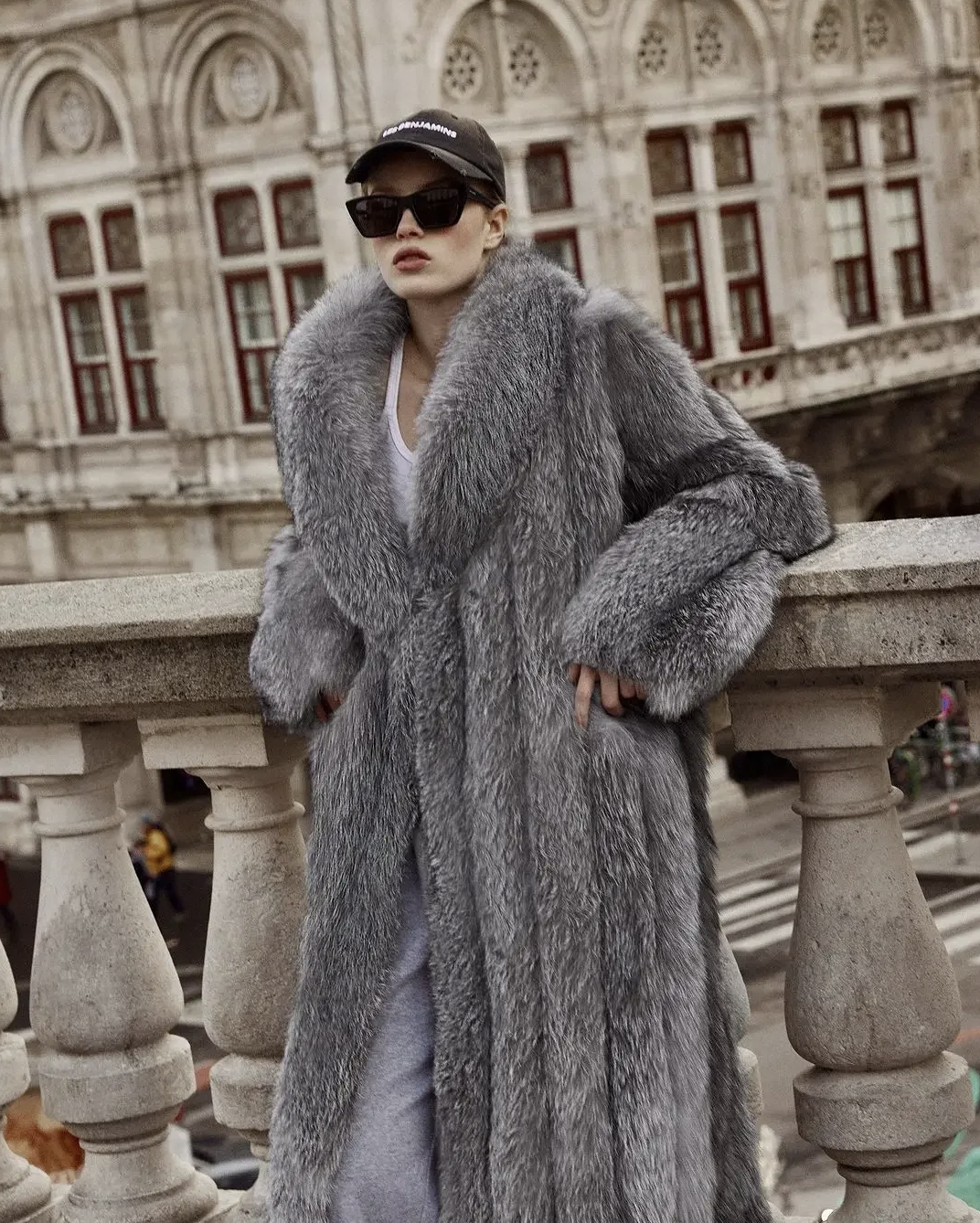 Woman wearing the Calle Ocho Fur Coat