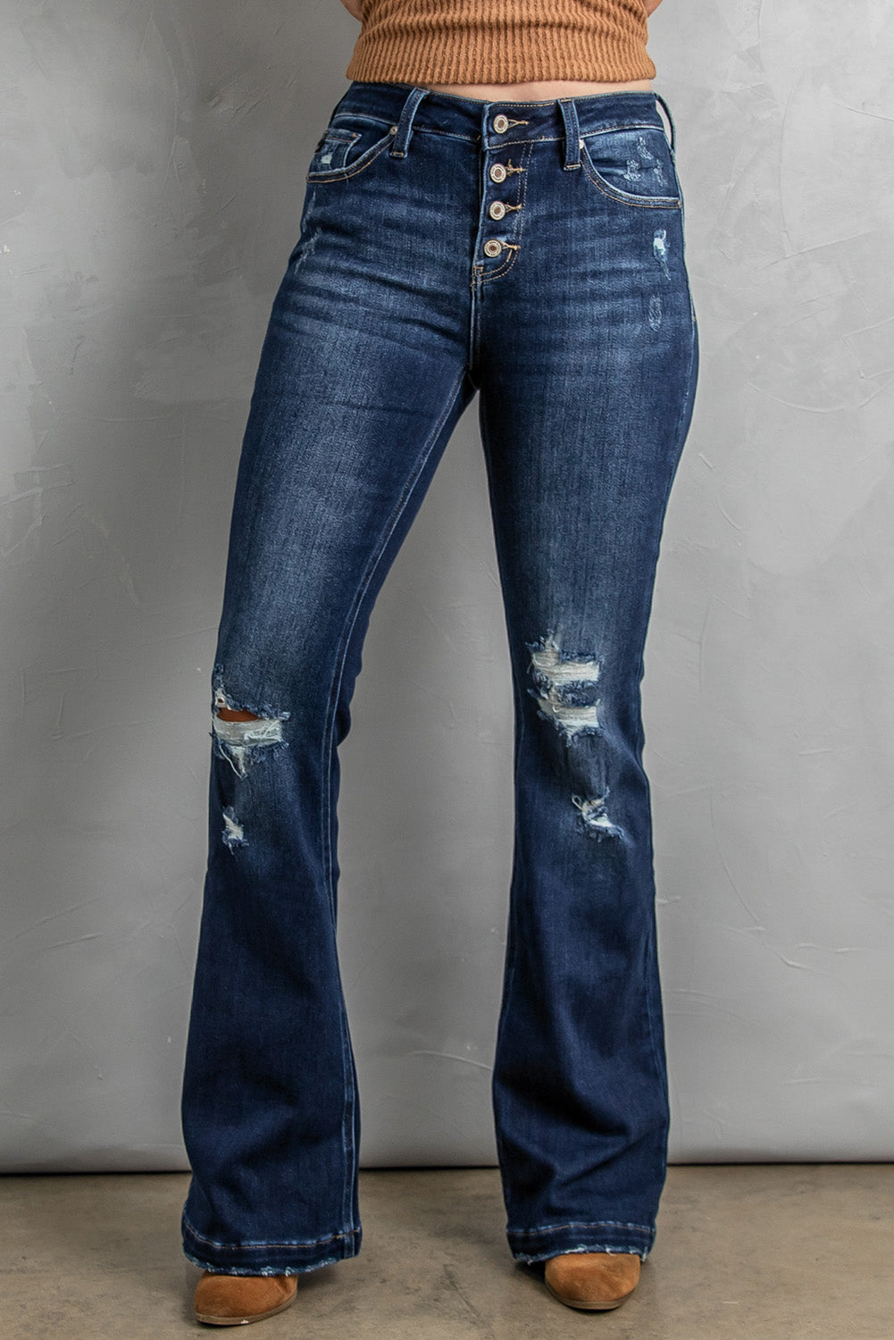 Dark Washed Distressed Bootcut Jeans