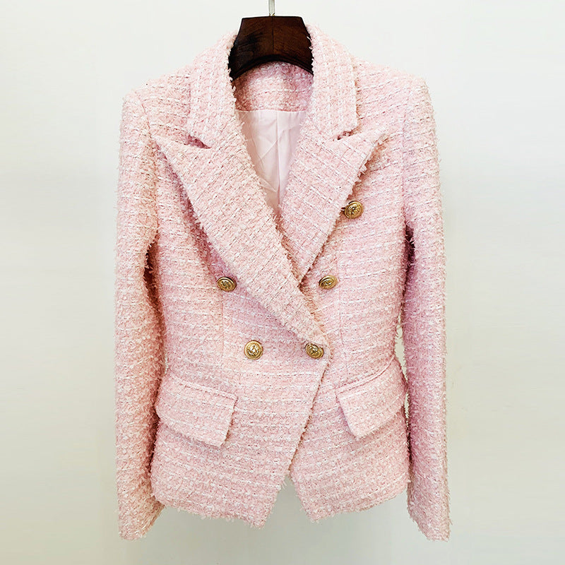 Double-Breasted Pink Tweed Woolen Jacket Blazer With Ornate Gold Buttons