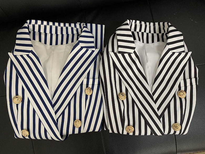 Striped Double Breasted Blazer With Ornate Lion Gold Buttons