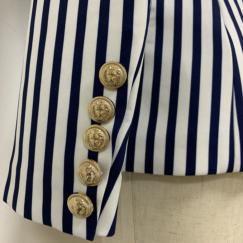 Striped Double Breasted Blazer With Ornate Lion Gold Buttons