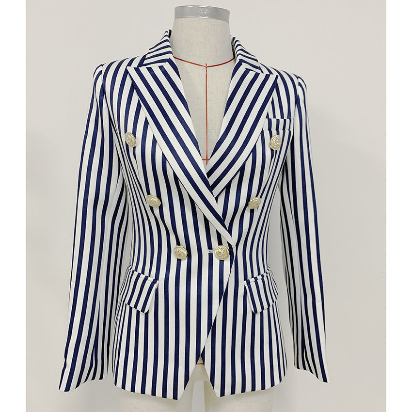 Striped Double Breasted Blazer With Ornate Lion Gold Buttons