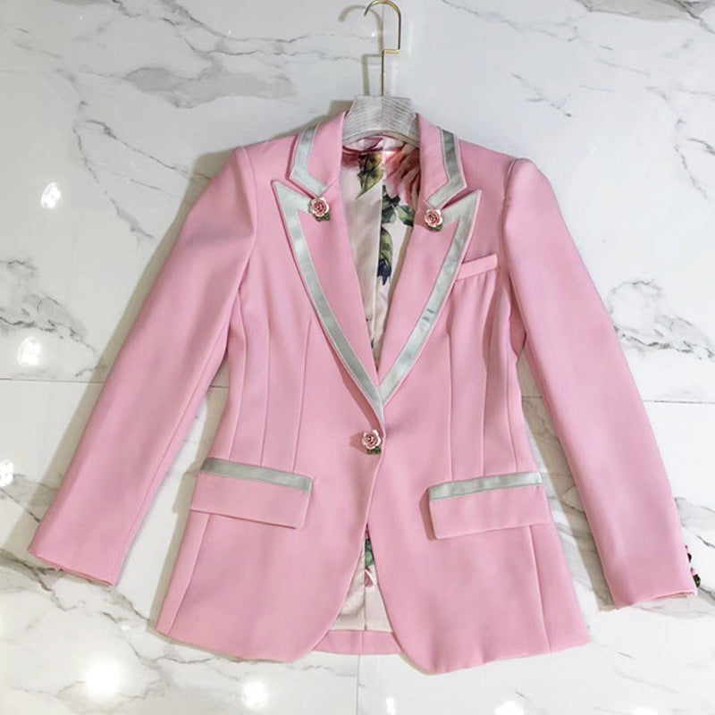 Three Dimensional Rose Buckle Blazer With Rose Print Lining