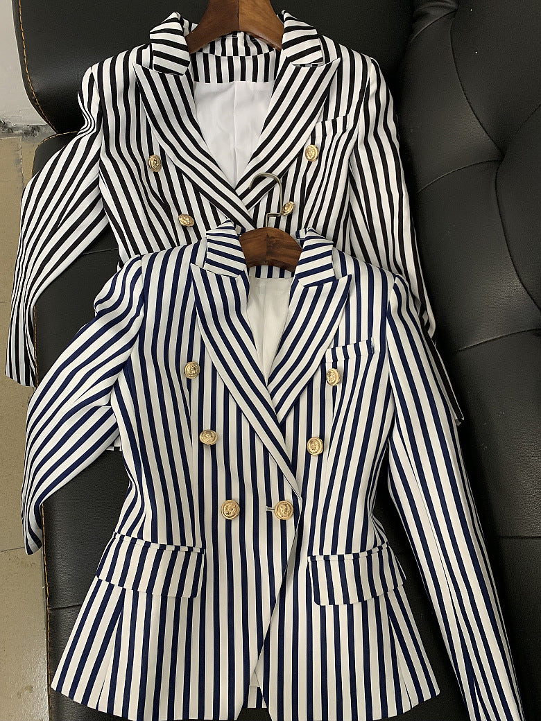 Striped Double Breasted Blazer With Ornate Lion Gold Buttons