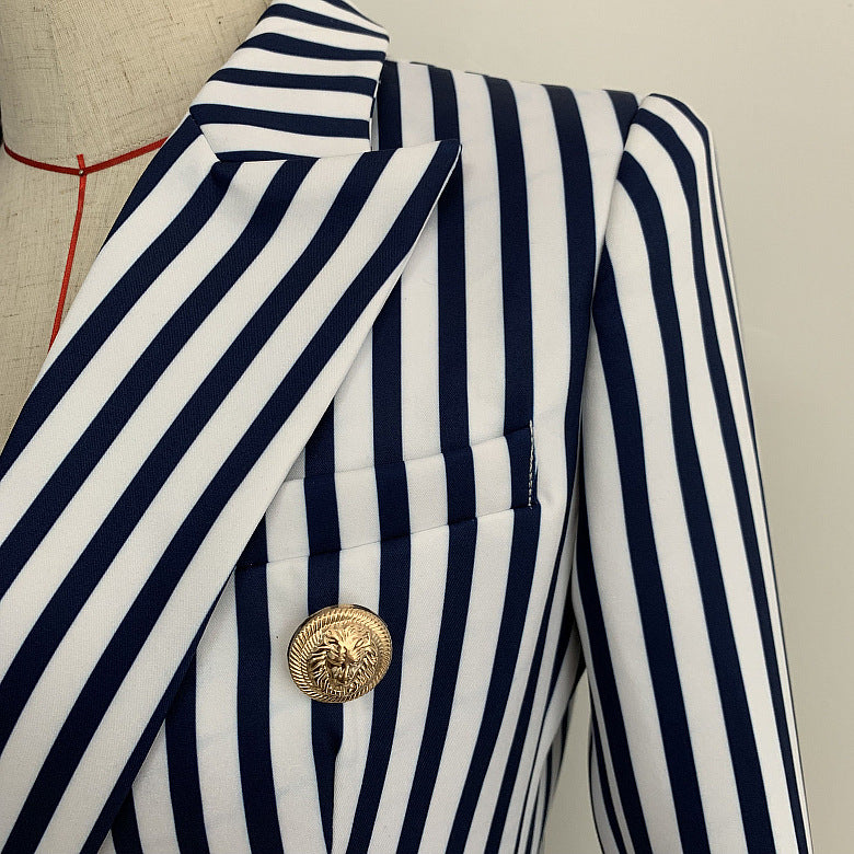 Striped Double Breasted Blazer With Ornate Lion Gold Buttons