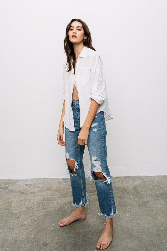 High Rise Tattered Straight Jeans