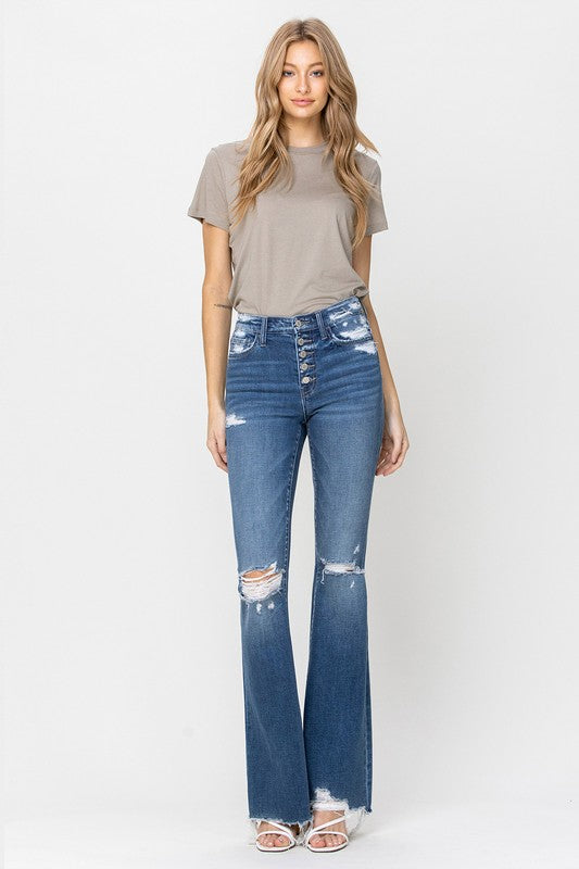 High-Rise Distressed Raw Hem Flare Jeans