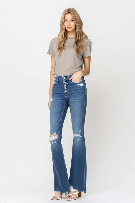 High-Rise Distressed Raw Hem Flare Jeans