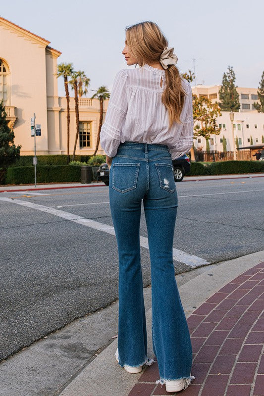 High-Rise Distressed Raw Hem Flare Jeans