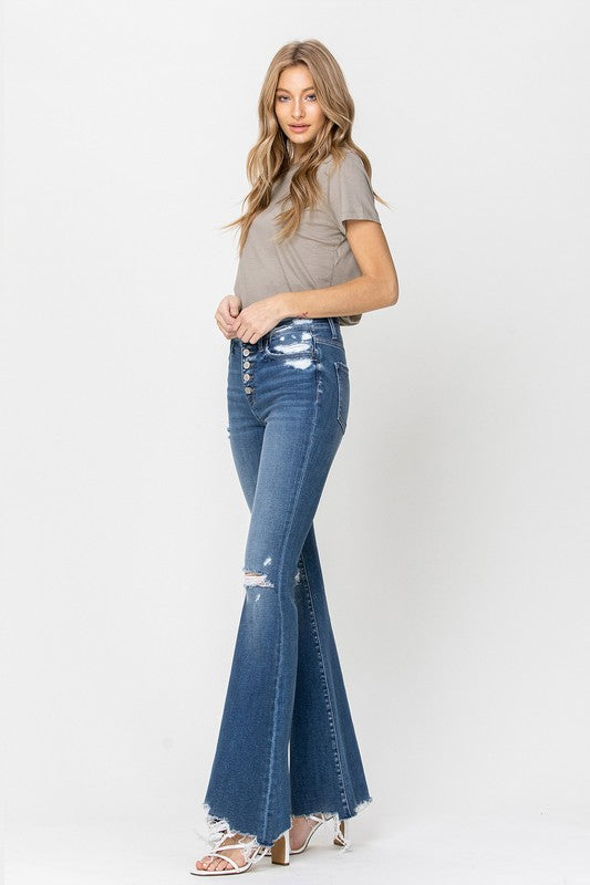 High-Rise Distressed Raw Hem Flare Jeans