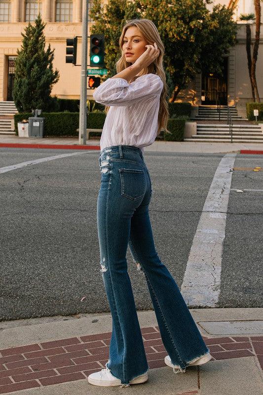 High-Rise Distressed Raw Hem Flare Jeans