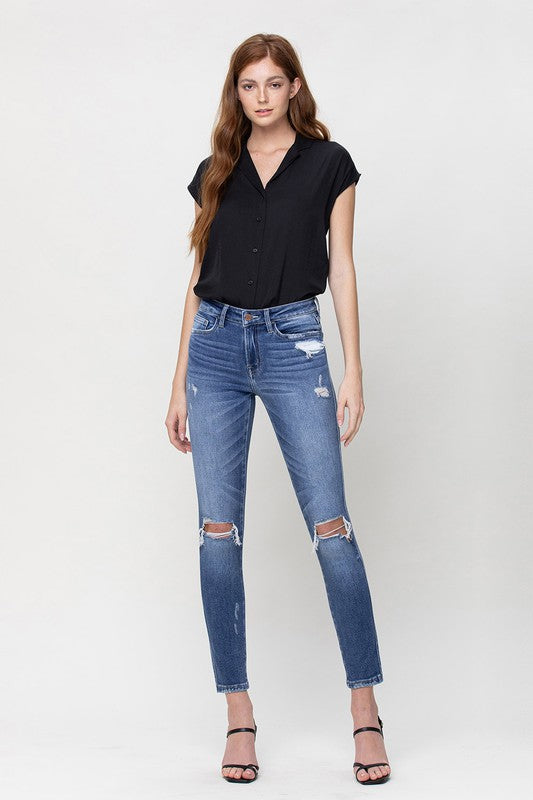 Distressed Mid-Rise Ankle Skinny Jeans