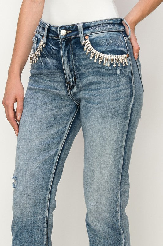 High-Rise Crystal Embellished Crop Straight Jeans