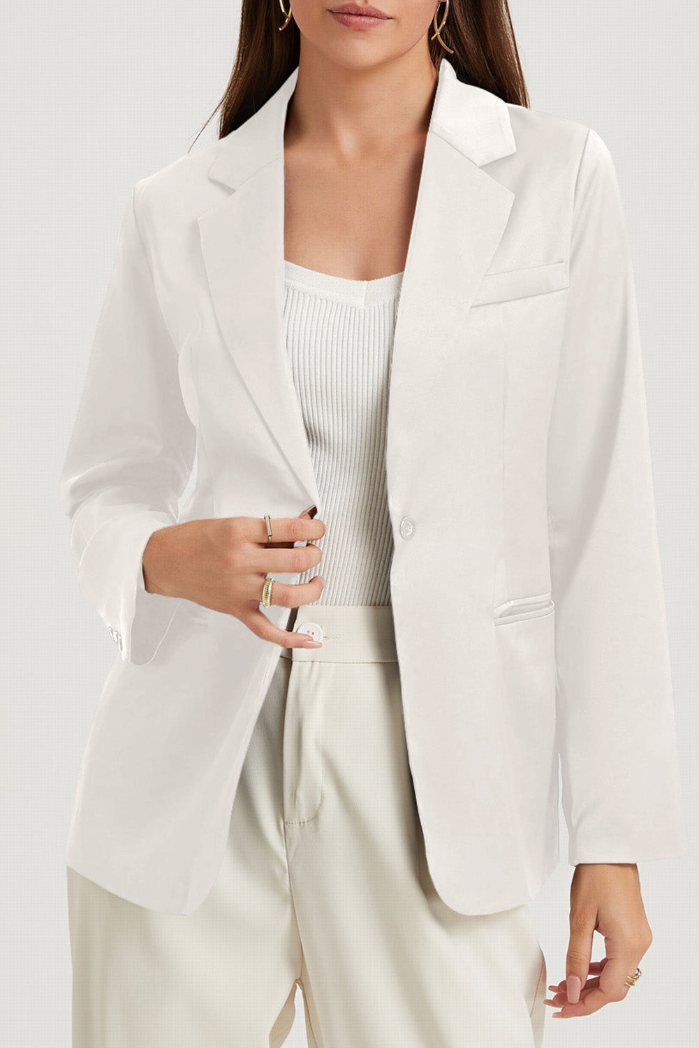 Pocketed Single-Button Lapel Neck White Blazer