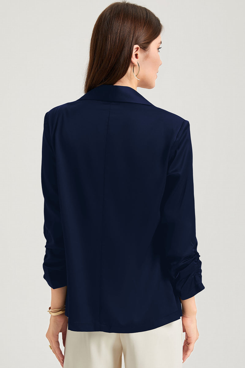 Solid Blue Lapel Collar Satin One Button Blazer