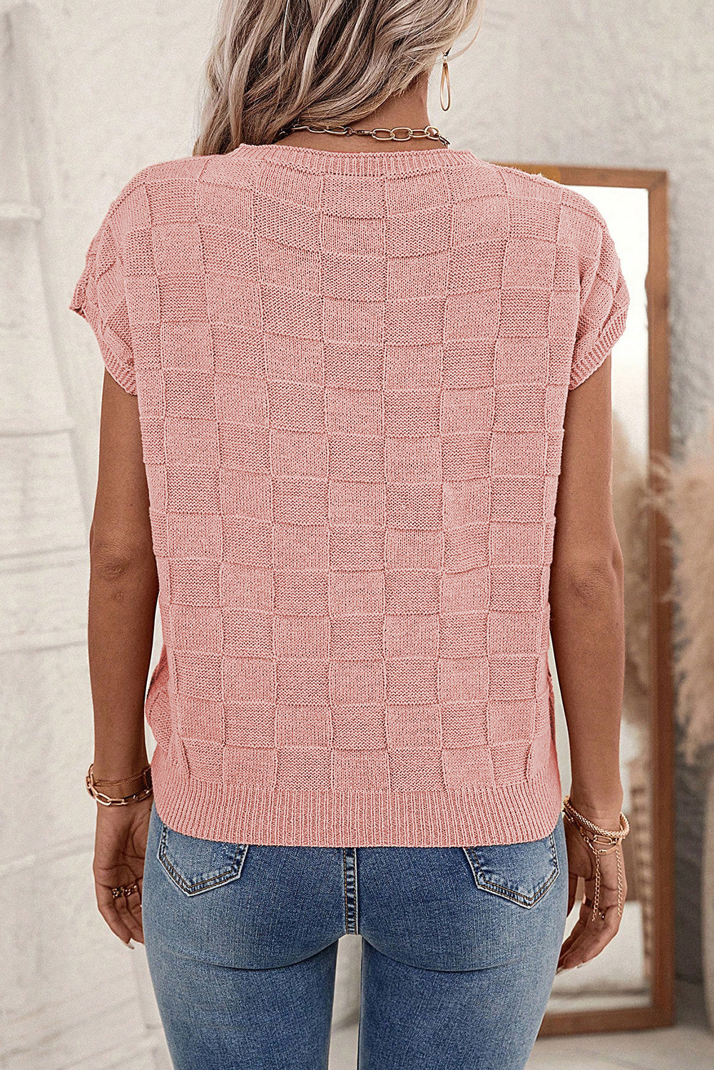 Pink Lattice Short Sleeve Sweater