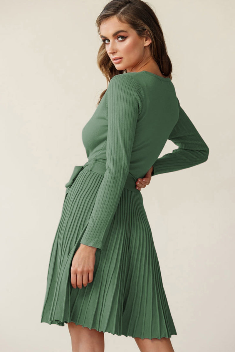 Belted V-neck Pleated Sweater Dress