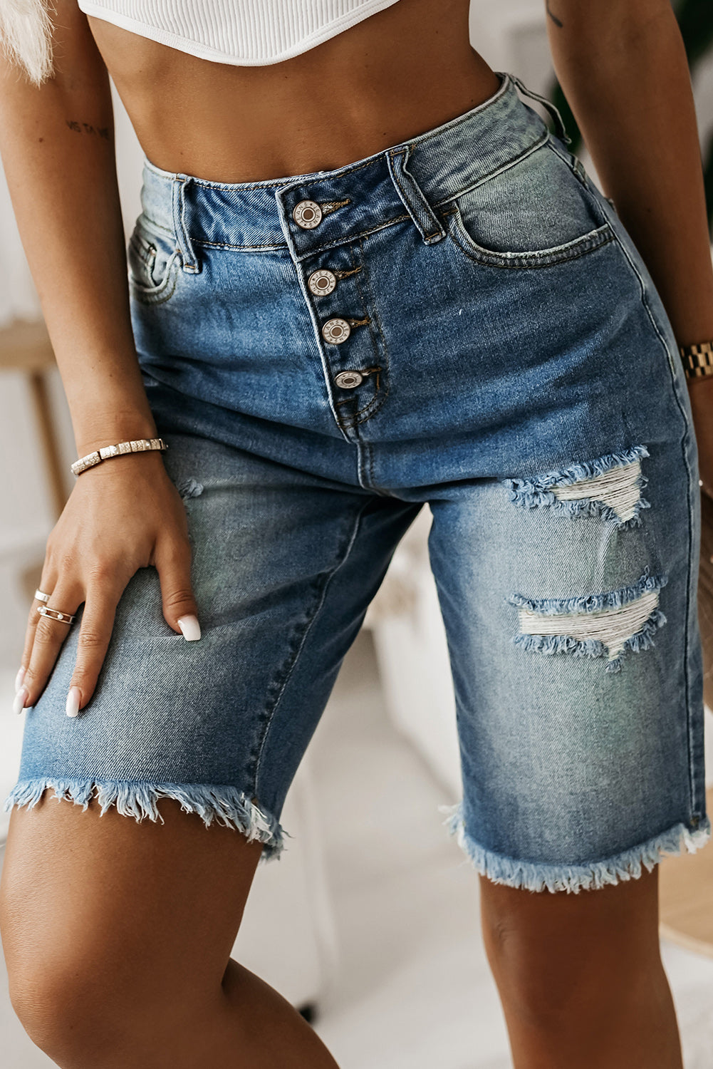 Sky Blue Button Fly Distressed Skinny Bermuda Denim Shorts