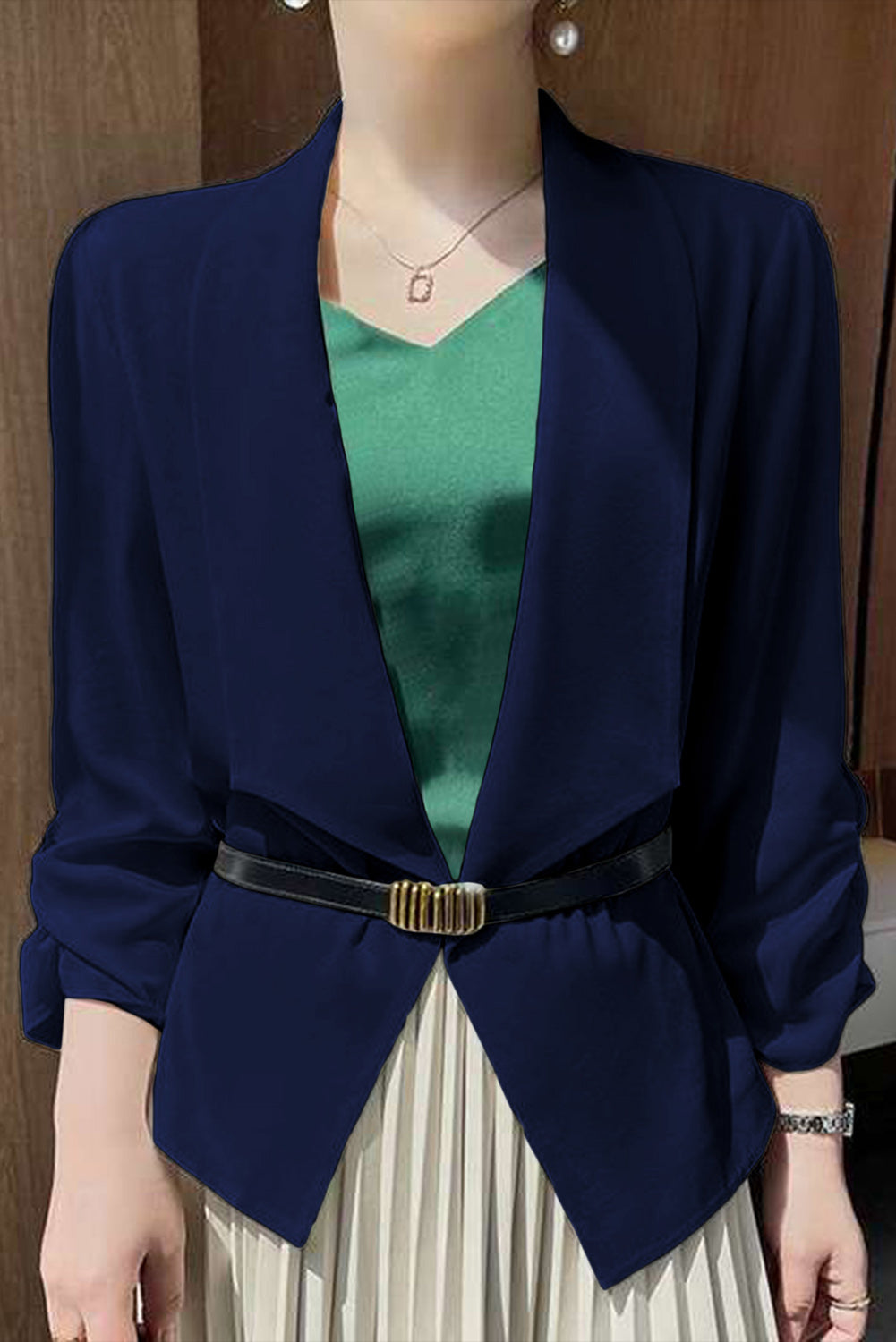 Solid Blue Lapel Collar Satin One Button Blazer