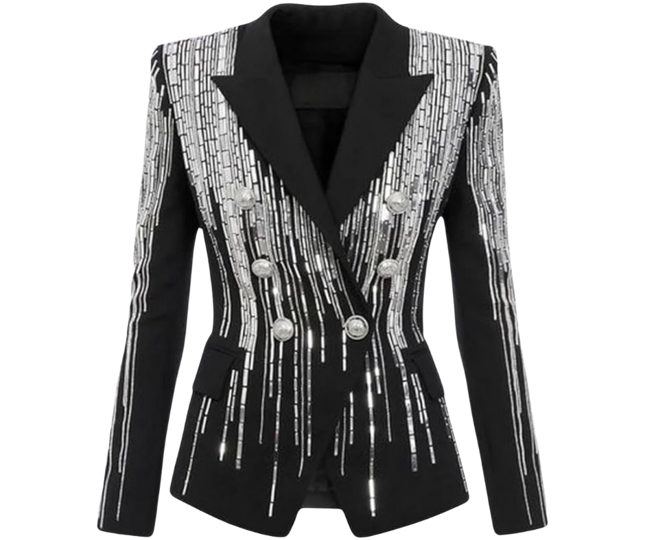 Double Breasted Metal Sheet Blazer With Heavy Industry Beads