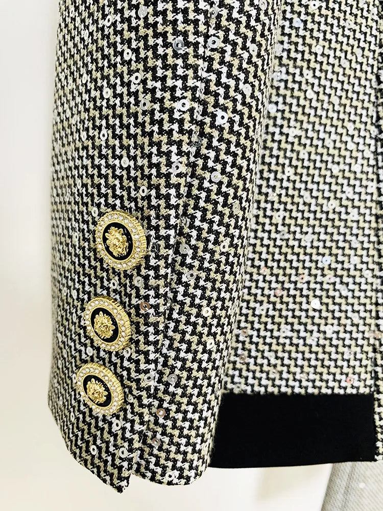 2-Piece Black and White Blazer Suit With Sequin Ornate Buttons