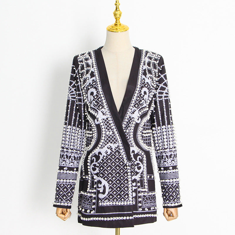 Long Sleeve V-Neck Blazer With Printed Pattern Beads
