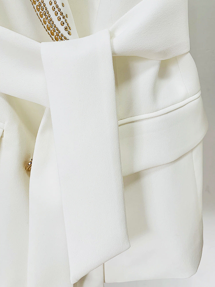 Gold Rhinestone Collar Mid-Length Ivory Blazer