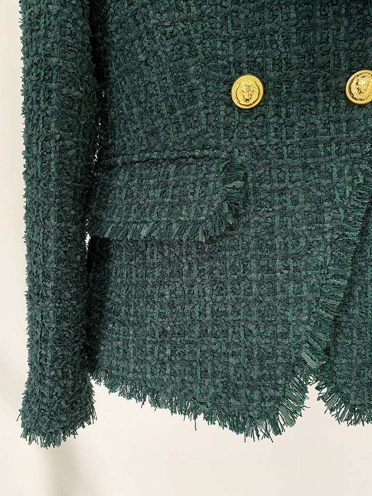 Dark Green Tassel Fringe Tweed Blazer With Ornate Gold Buttons