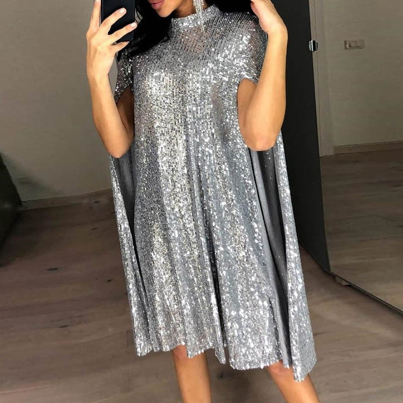 Stand Collar Loose Sequin Dress
