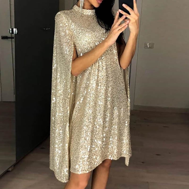 Stand Collar Loose Sequin Dress
