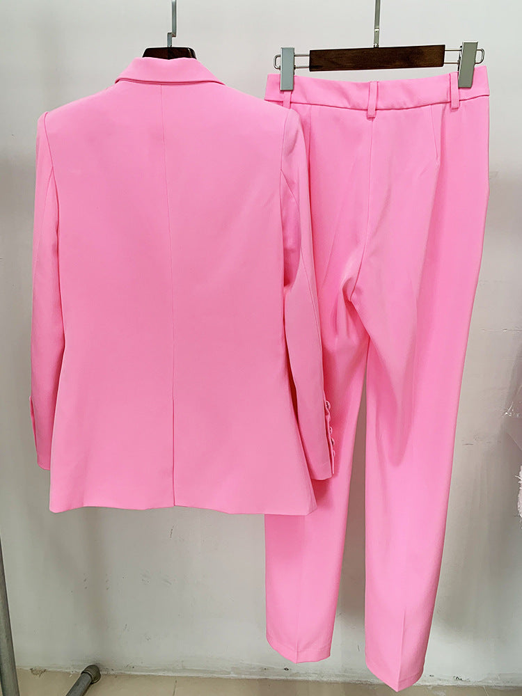 Pink Mid Length Skinny Pants One Button Two Piece Suit