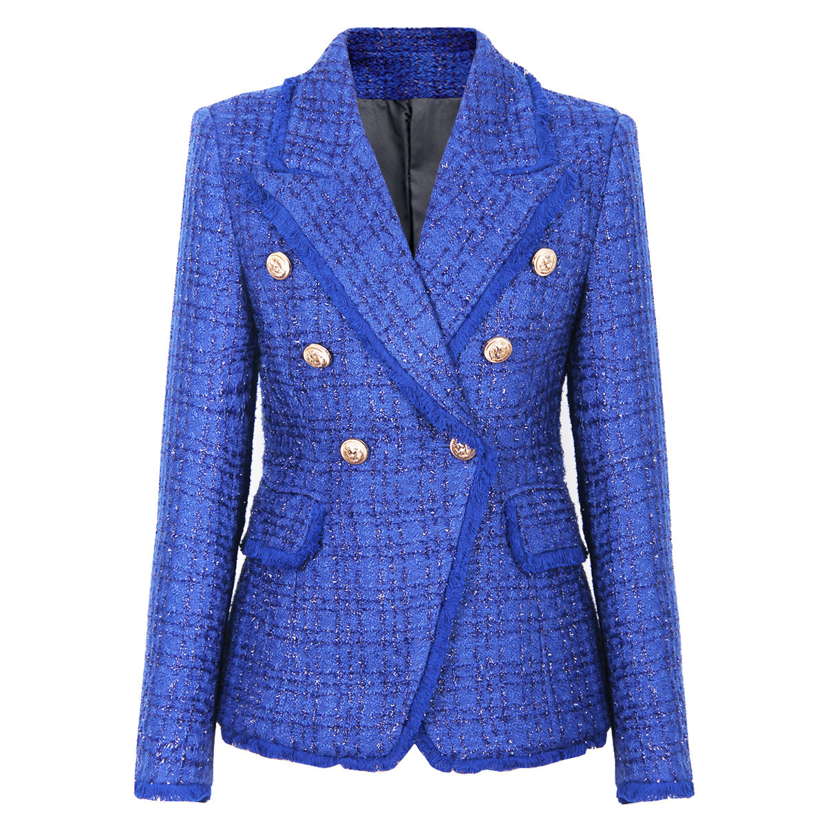 Blue Woolen Fringe Double Breasted Blazer With Ornate Gold Buttons