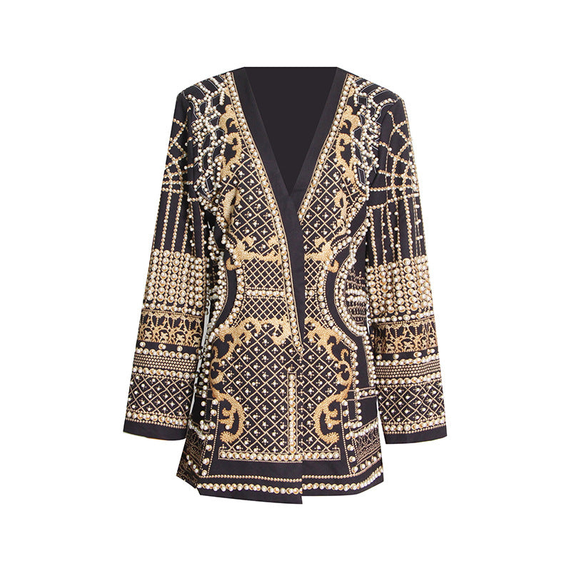 Long Sleeve V-Neck Blazer With Printed Pattern Beads