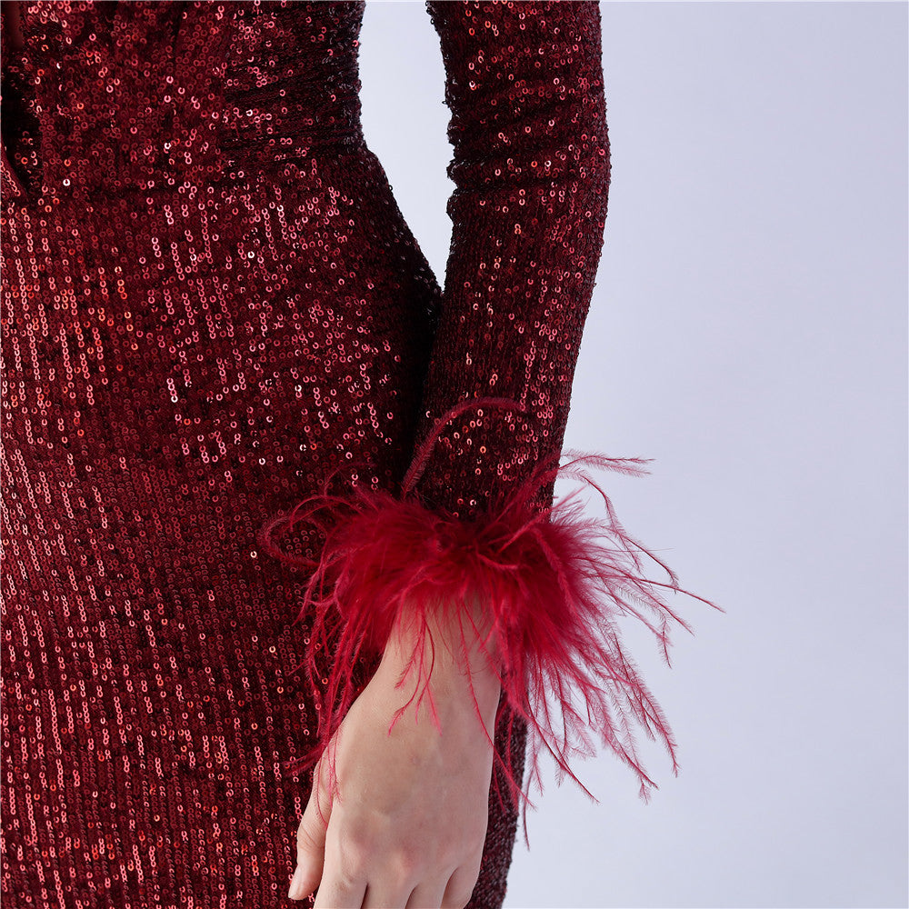 Ostrich Feather Sequin Maxi Dress