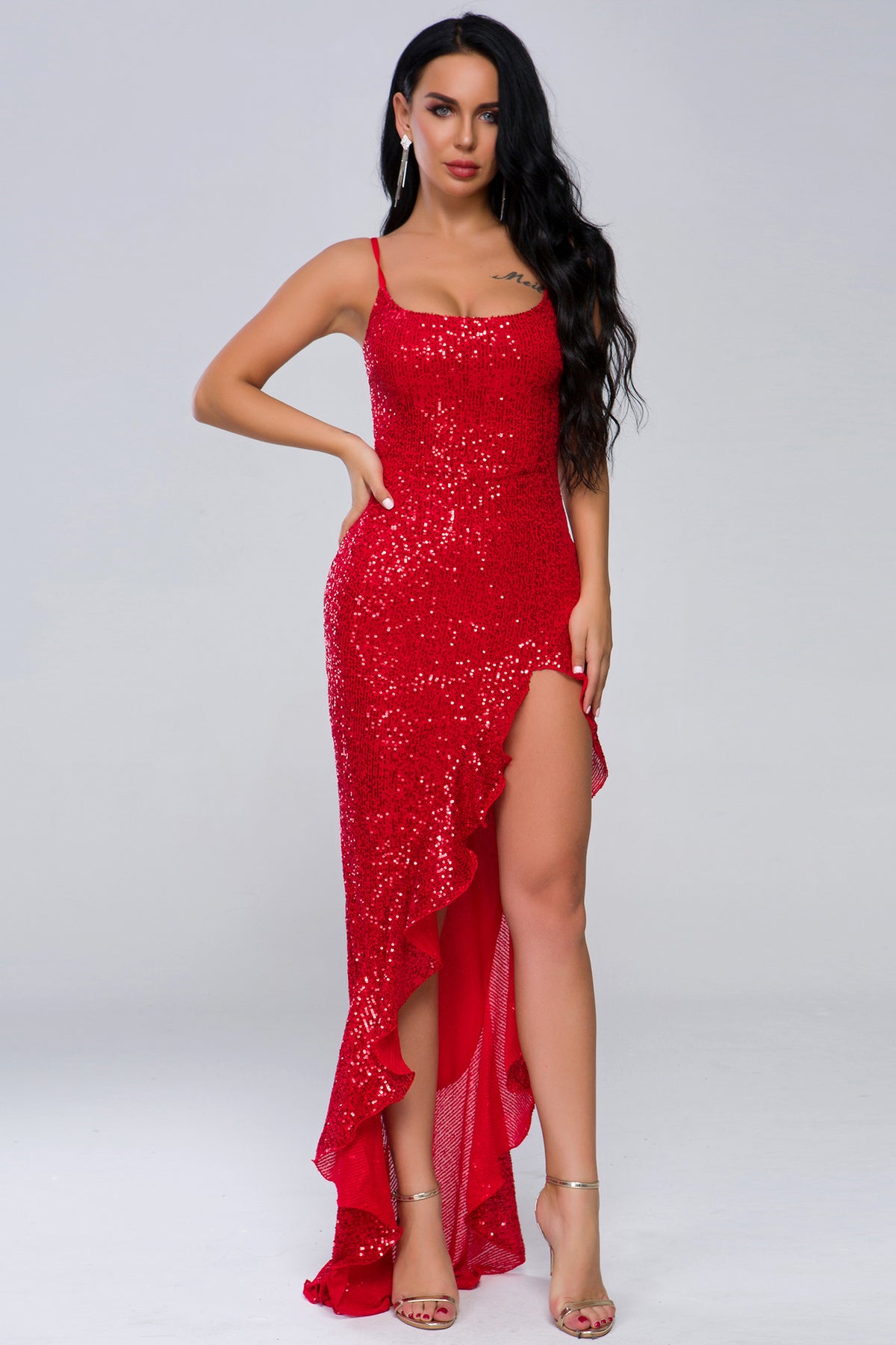 Red Sequined Cocktail Maxi Dress