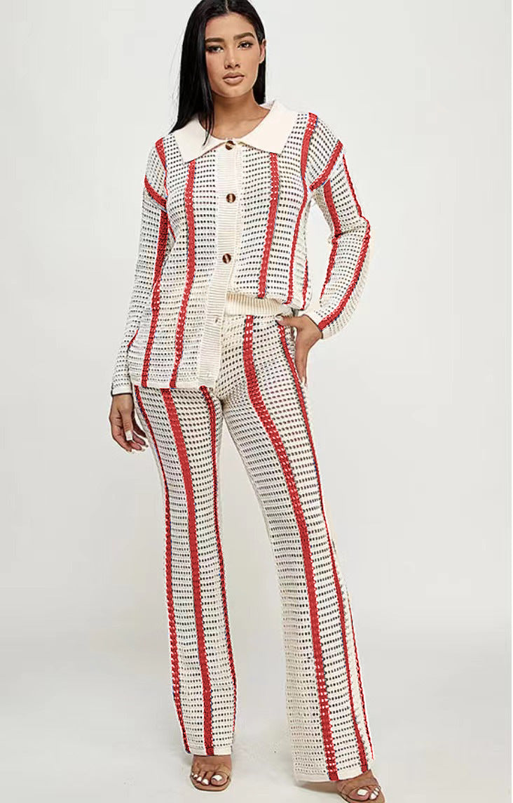Casual Striped Knitted Cardigan and Full Length Pants