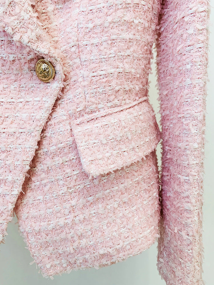 Double-Breasted Pink Tweed Woolen Jacket Blazer With Ornate Gold Buttons