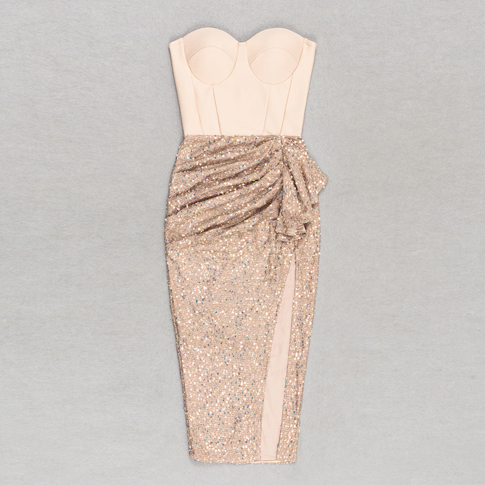 Sequin High Slit Midi Dress