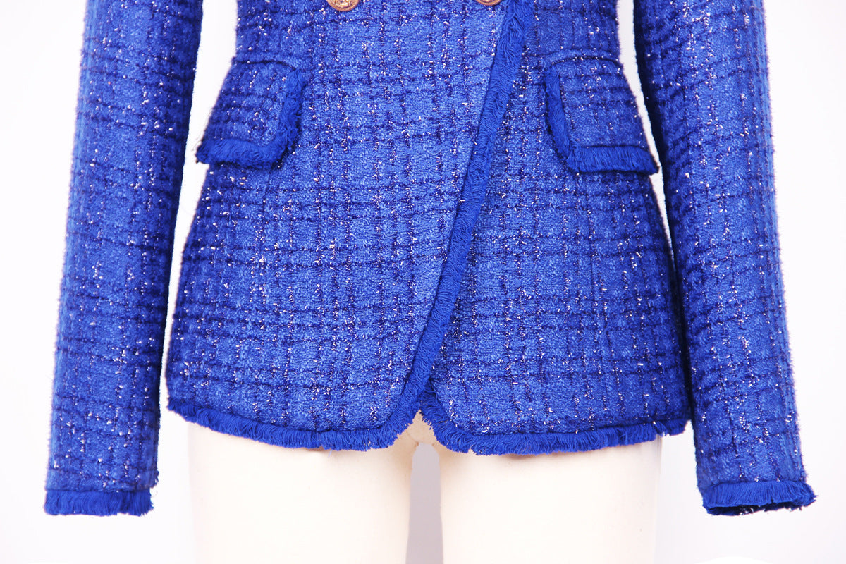 Blue Woolen Fringe Double Breasted Blazer With Ornate Gold Buttons