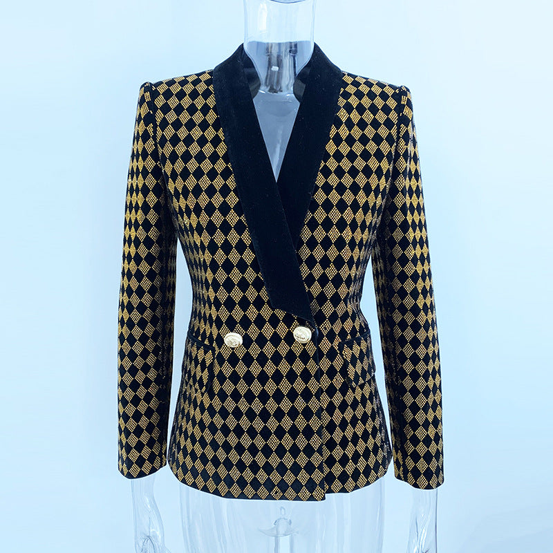 Rhombic Rhinestone Double Breasted Fruit Collar Velvet Blazer With Ornate Gold Buttons