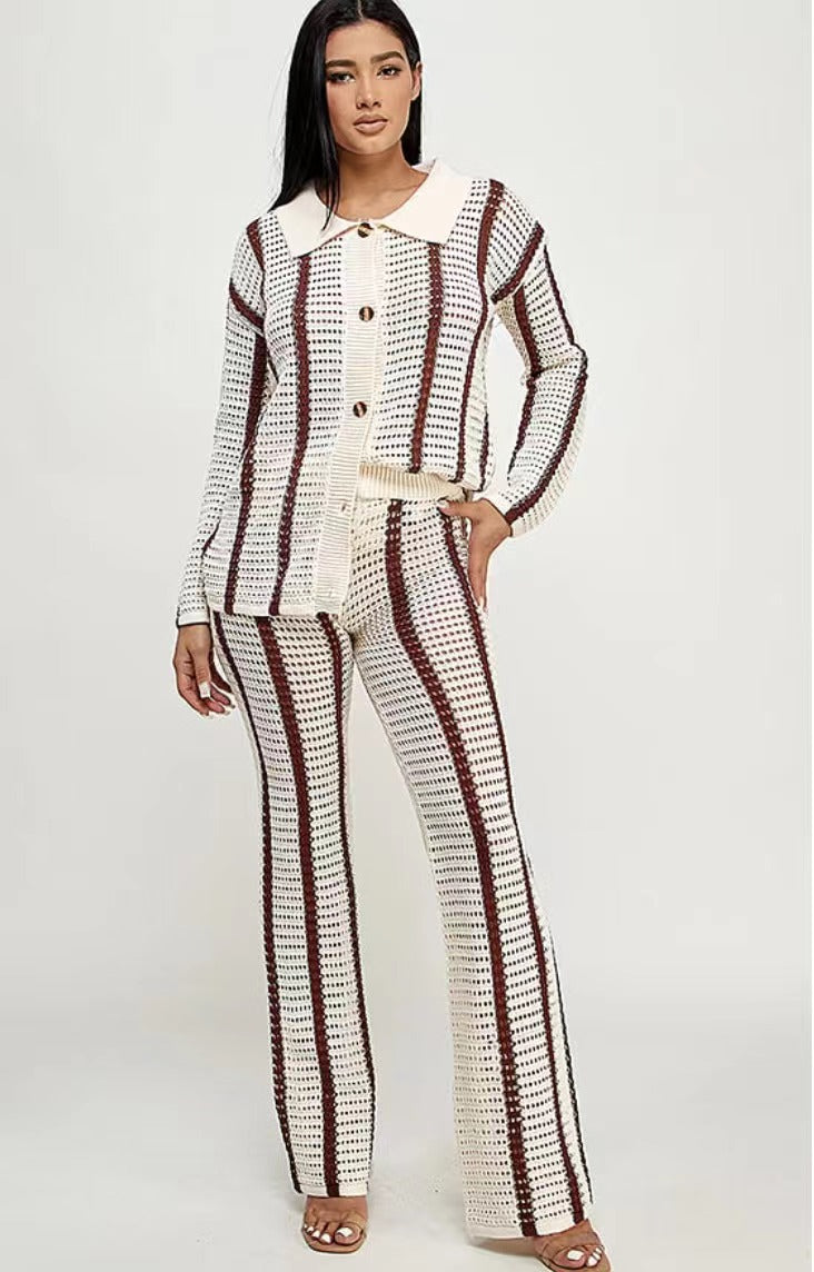 Casual Striped Knitted Cardigan and Full Length Pants