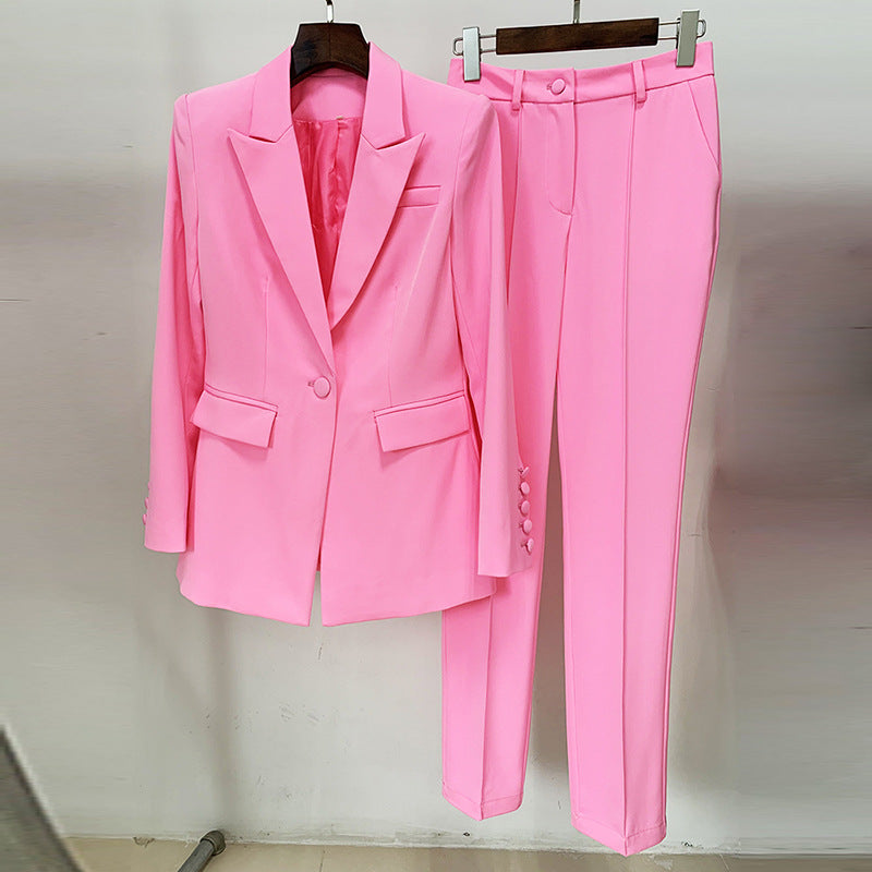 Pink Mid Length Skinny Pants One Button Two Piece Suit