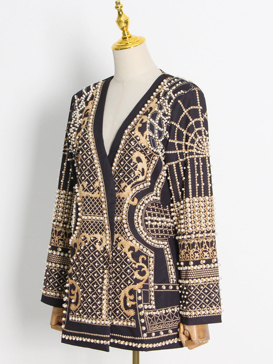 Long Sleeve V-Neck Blazer With Printed Pattern Beads