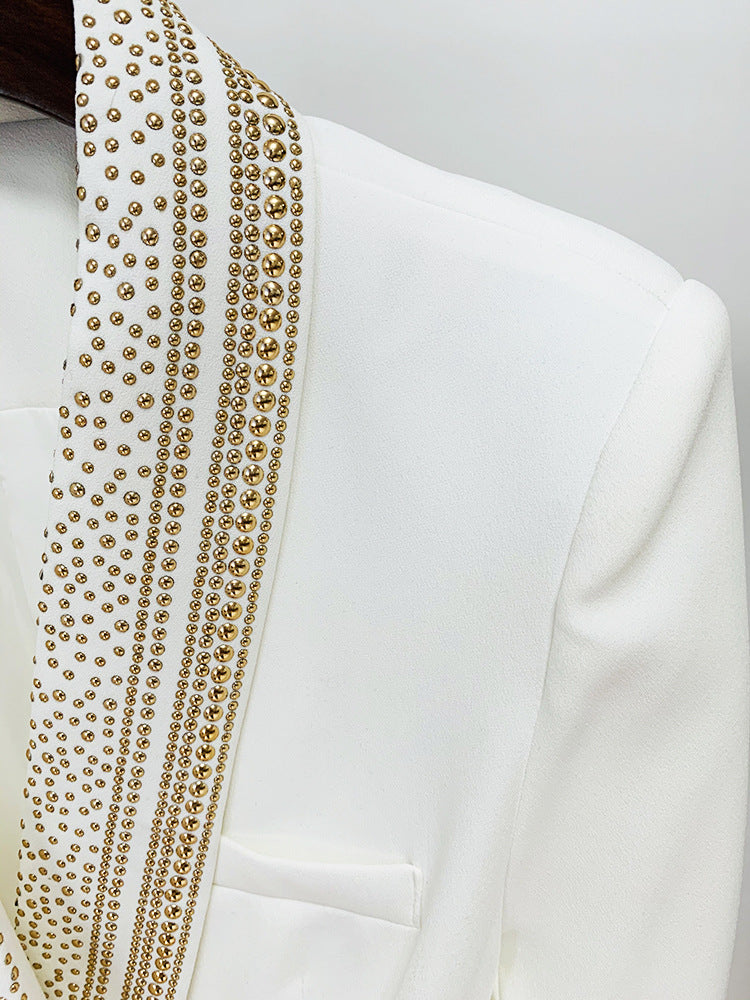 Gold Rhinestone Collar Mid-Length Ivory Blazer