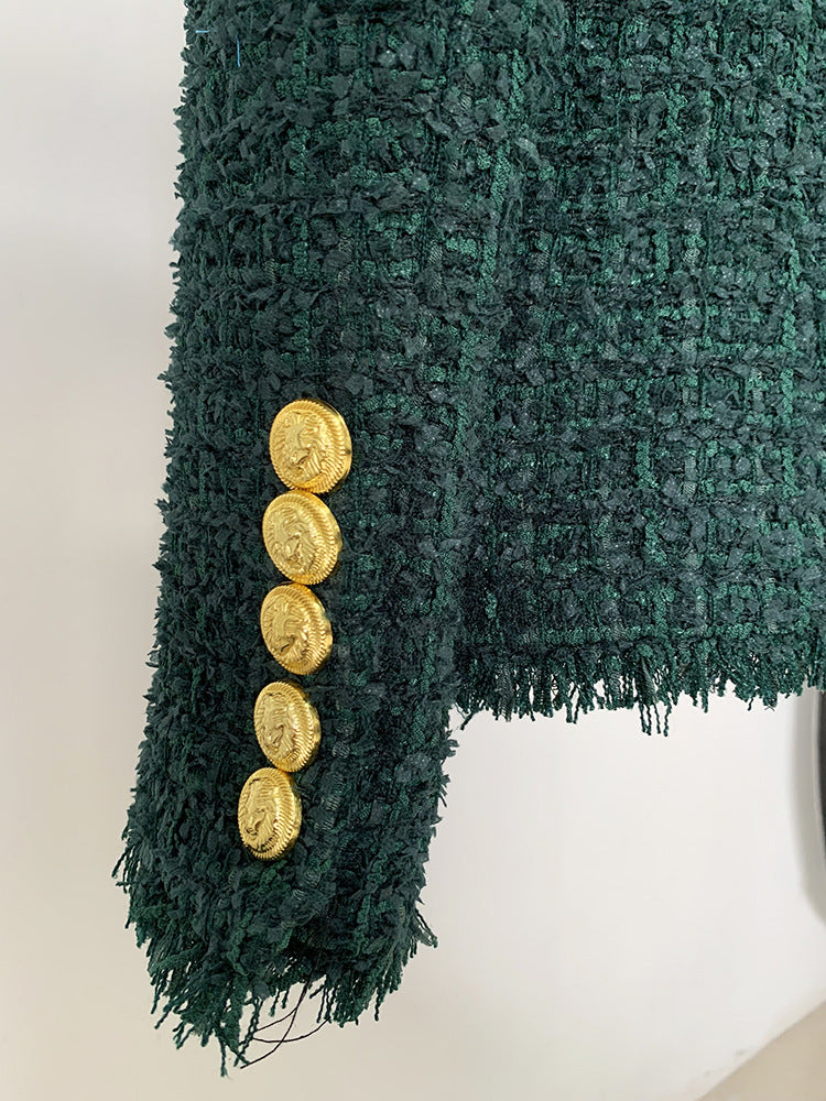 Dark Green Tassel Fringe Tweed Blazer With Ornate Gold Buttons