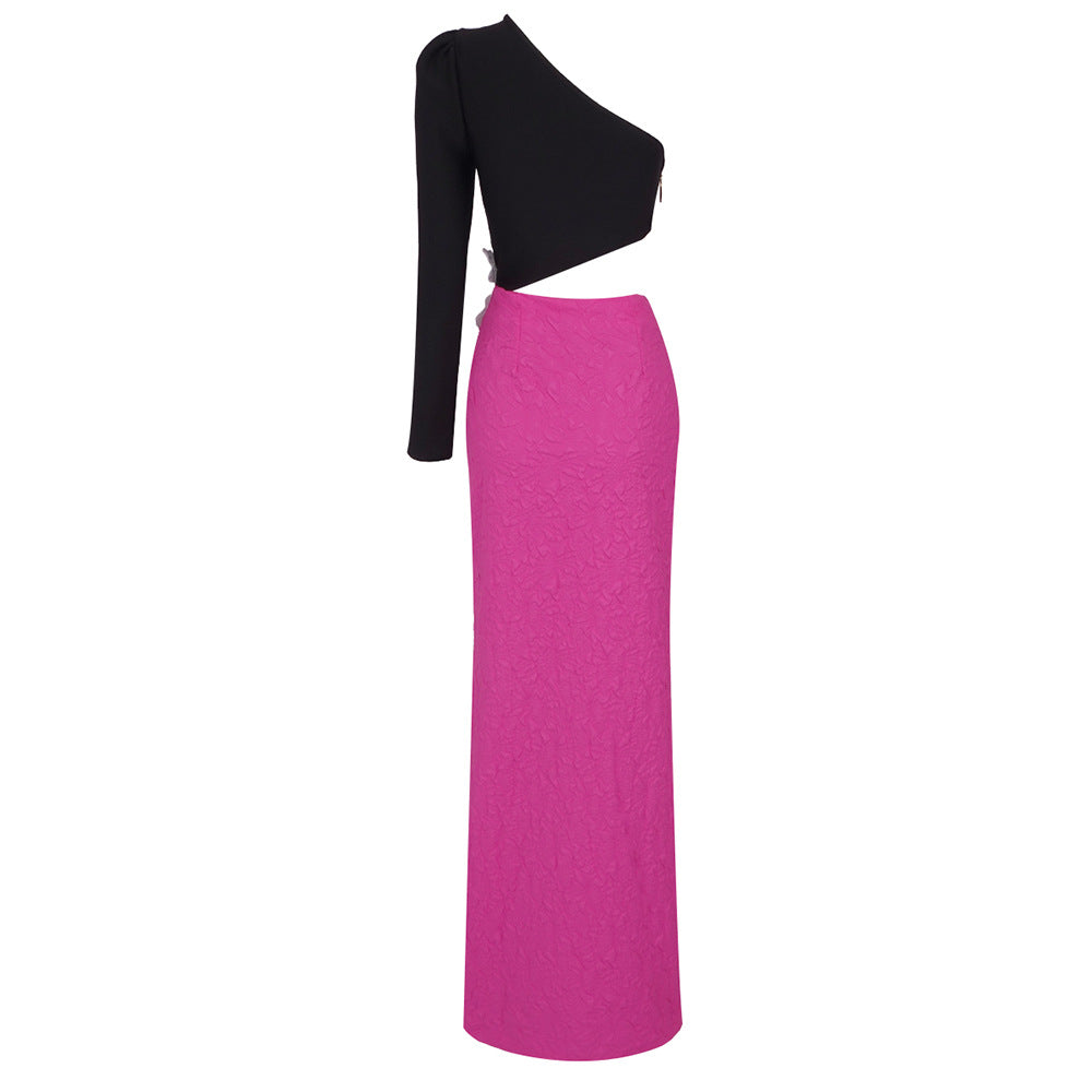 Color Block One Shoulder Maxi