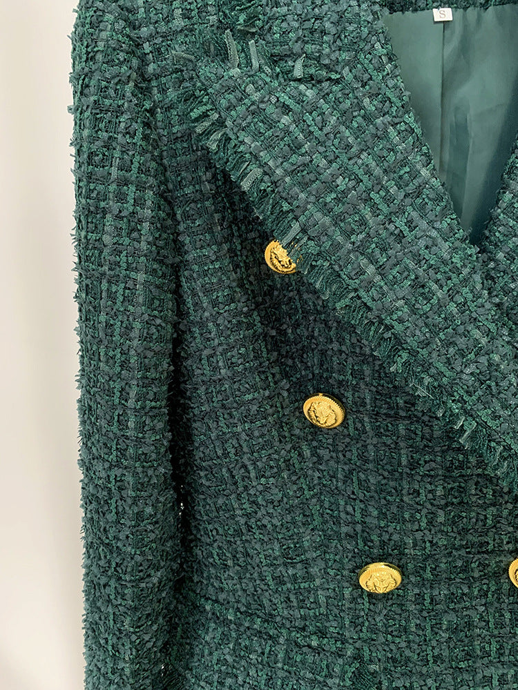 Dark Green Tassel Fringe Tweed Blazer With Ornate Gold Buttons